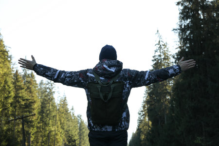 Man with raised arms enjoying the spruce forestの写真素材