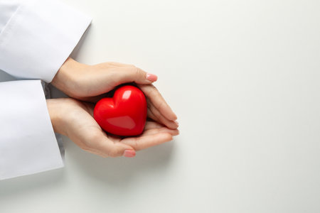 Female doctor hands holding heart on white backgroundの写真素材