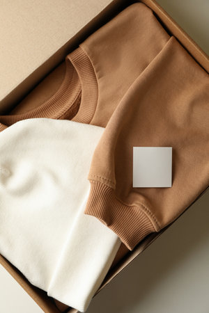 Box with beanie and sweatshirt on white backgroundの写真素材