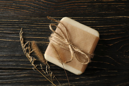 Pieces of natural handmade soap on wooden backgroundの写真素材