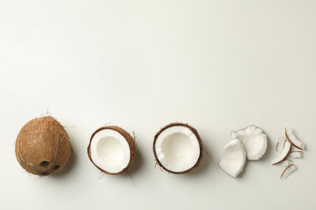 Fresh tasty coconut on white background, top viewの写真素材