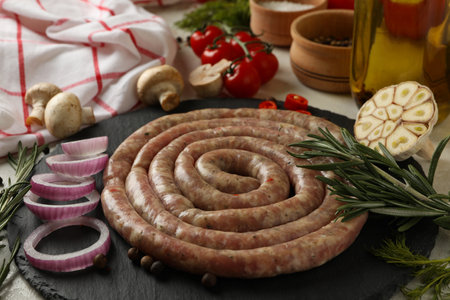 Tray with raw sausage and ingredients, close upの写真素材