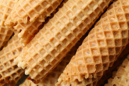 Tasty wafer rolls with condensed milk, close upの写真素材