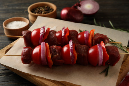 Cutting board with raw shish kebab, close upの写真素材