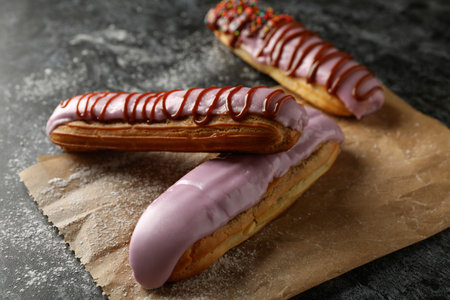 Baking paper with tasty eclairs on black smokey backgroundの写真素材