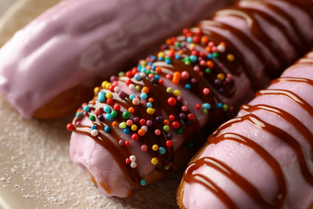 Tasty eclairs with custard and delicious topping, close up