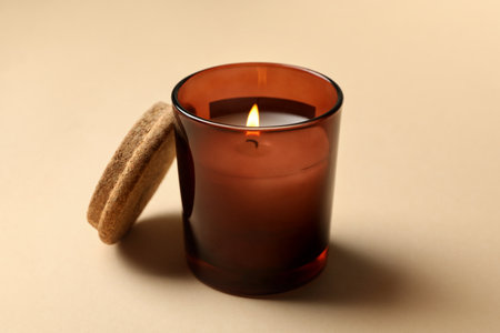 Scented candle for relax on beige backgroundの写真素材
