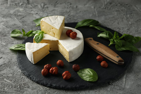 Tray with camembert, hazelnut, basil and knife on gray backgroundの写真素材