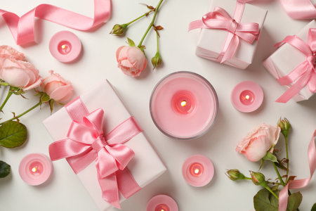 Concept of Valentine's day with roses, gift boxes and candles on white backgroundの写真素材