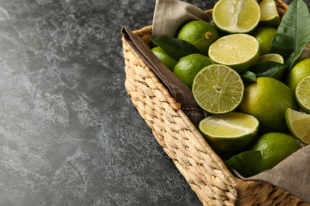 Basket with lime on black smokey background, space for textの写真素材