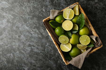 Basket with lime on black smokey background, space for textの写真素材