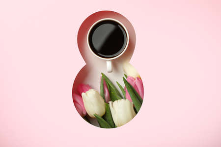 Paper cut Eight made of pink background, tulips and coffee on white backgroundの写真素材