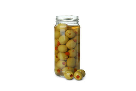 Jar with green pickled olives isolated on white backgroundの写真素材