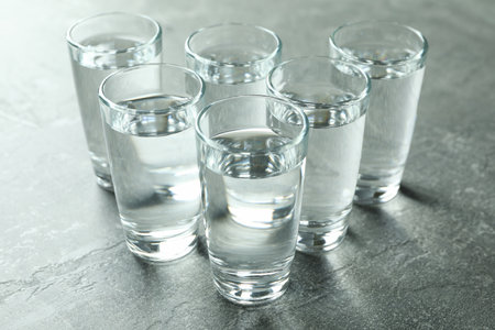 Shots with vodka on gray background, close upの写真素材