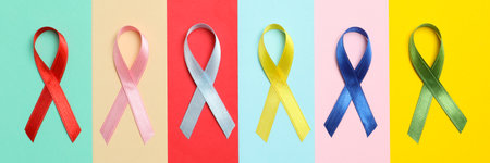 Different multicolored awareness ribbons on multicolor backgroundの写真素材