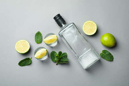 Bottles of vodka, shots, lime slices and mint on gray backgroundの写真素材