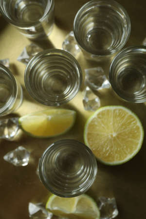 Tray with shots, lime slices and ice cubes, top viewの写真素材