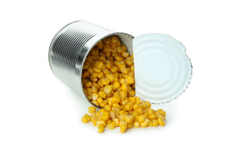Tin of canned corn isolated on white backgroundの写真素材
