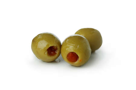Green pickled olives isolated on white backgroundの写真素材