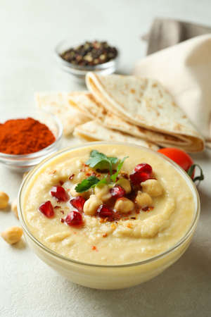 Concept of cooking hummus on white textured backgroundの写真素材