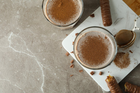Concept of delicious food with chocolate milkshake on gray tableの写真素材