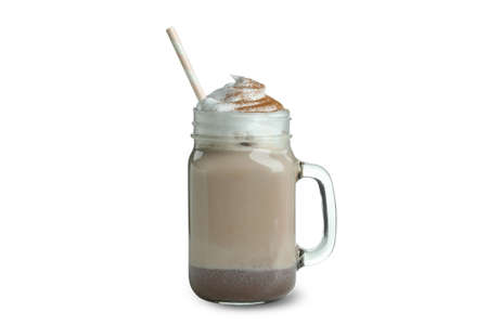 Glass of chocolate milkshake with straw isolated on white background