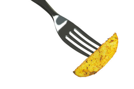 Fork with baked potato isolated on white background