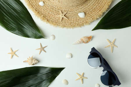 Hat, sunglasses, leaves, seashells and sea stars on white backgroundの写真素材