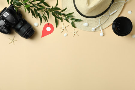 Travel concept on beige background, space for text