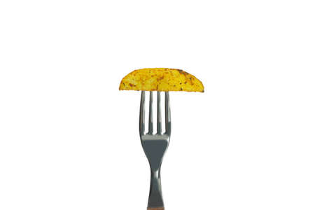 Fork with baked potato isolated on white backgroundの写真素材