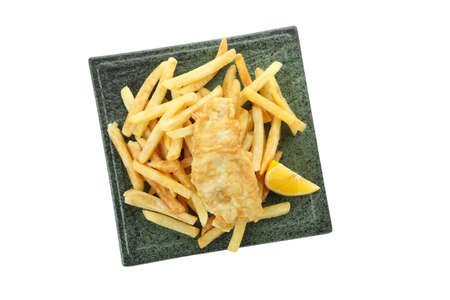 Plate of fried fish and chips isolated on white backgroundの写真素材