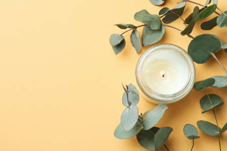Beautiful eucalyptus and candle on beige backgroundの写真素材