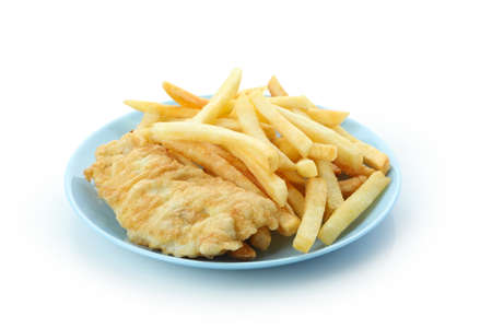 Plate of fried fish and chips isolated on white background