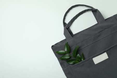 Stylish eco bag with twig on white background
