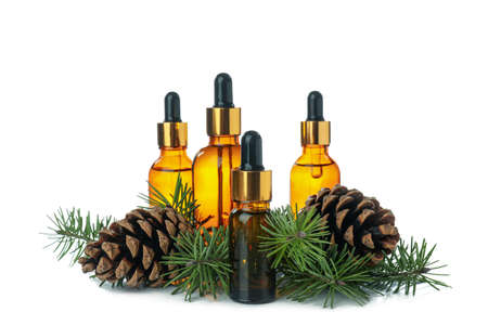 Pine essential oils isolated on white backgroundの写真素材
