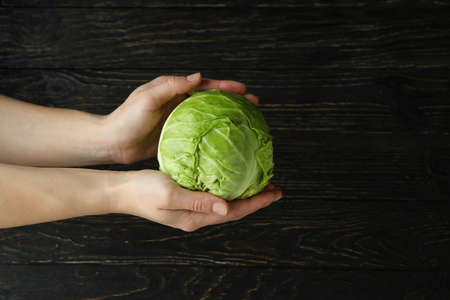 Female hands hold fresh cabbage on wooden background