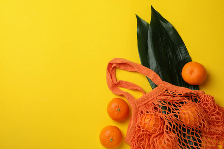 String bag with mandarins and leaves on yellow background