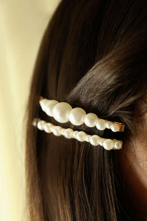 Woman with beautiful hair clip, close upの写真素材