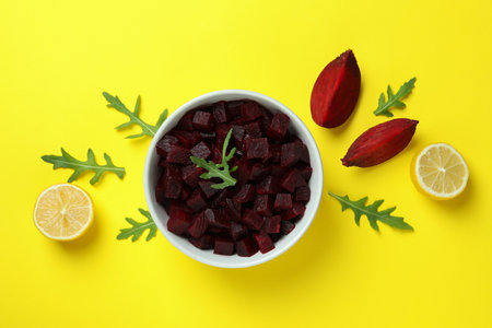 Fresh beet salad and ingredients on yellow background, top viewの写真素材