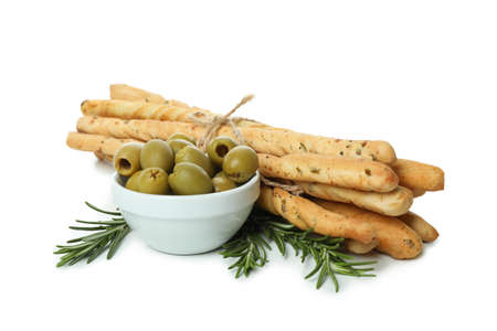 Grissini, olives and rosemary isolated on white backgroundの写真素材