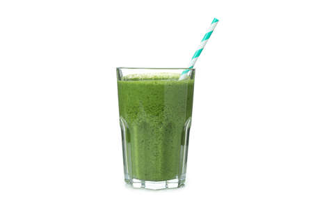 Glass of green smoothie isolated on white backgroundの写真素材