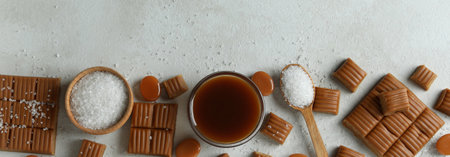 Concept of sweet food with caramel pieces, salt and caramel sauce on white textured backgroundの写真素材