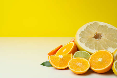 Citrus on white table against yellow background, space for textの写真素材