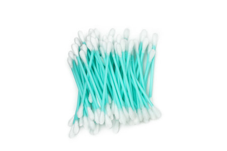 Heap of cotton swabs isolated on white backgroundの写真素材
