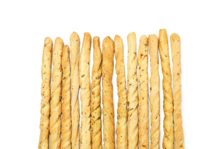 Tasty grissini breadsticks isolated on white backgroundの写真素材