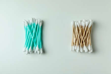 Different cotton swabs on white background, top viewの写真素材