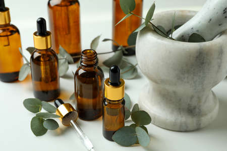 Concept of natural cosmetics with eucalyptus oil on white tableの写真素材
