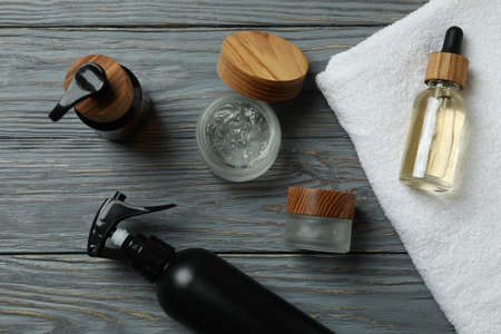 Concept of men's hygiene tools on wooden table