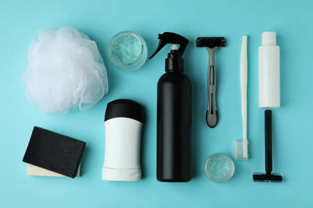 Concept of men's hygiene tools on blue tableの写真素材