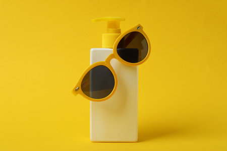 Bottle of sunscreen with sunglasses on yellow background